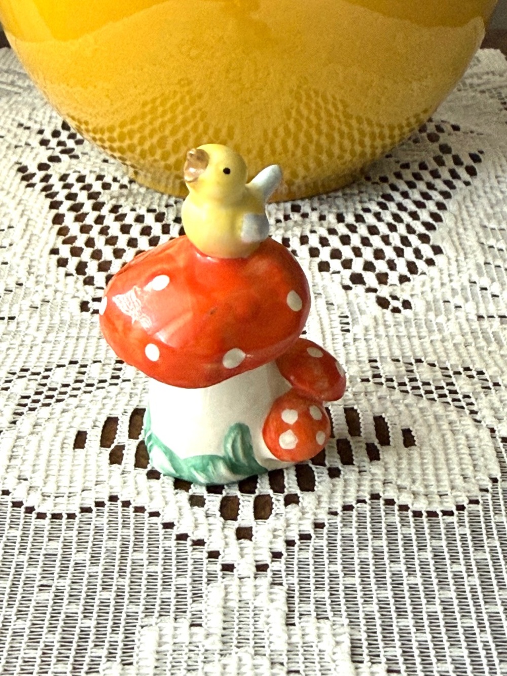 Goebel 1960's Mushroom Toadstool Yellow Bird Perched Toothpick Holder W Germany